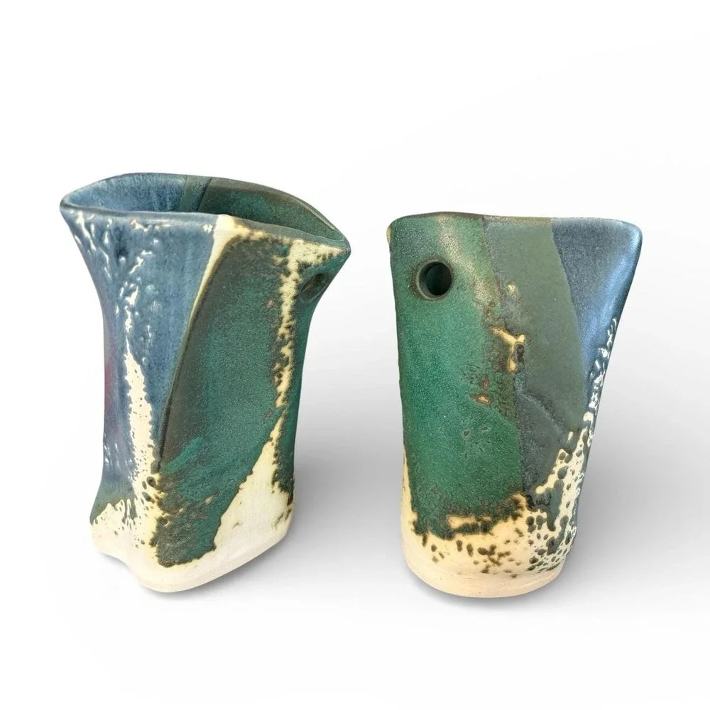 Dede Signed Studio Pottery Vases Set of 2 Teal Green Blue Glazed Stoneware
